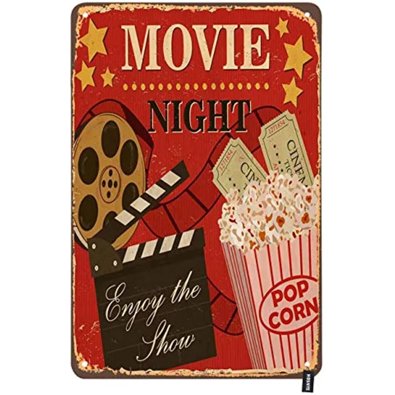 

Movie Night Poster Tin Sign Enjoy The Show with Popcorn Red Background Vintage Metal Tin Signs for Men Women Wall Art Decor