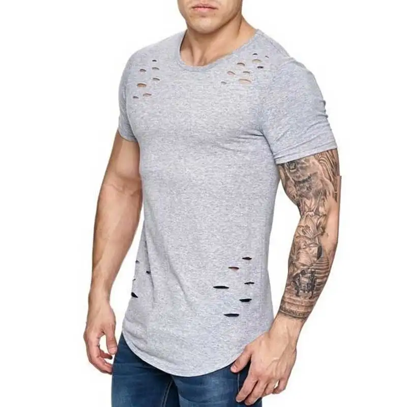 

B760 Hole ripped t shirts men short sleeve t-shirt fitness summer clothes men's funny solid tshirt streetwear slim tops tees