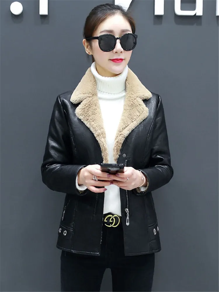 

Leather Coat Women 2023 Autumn Winter New Fashion Short Add Wool Fur Thick Warmth Moto Jacket Clothing Feminina