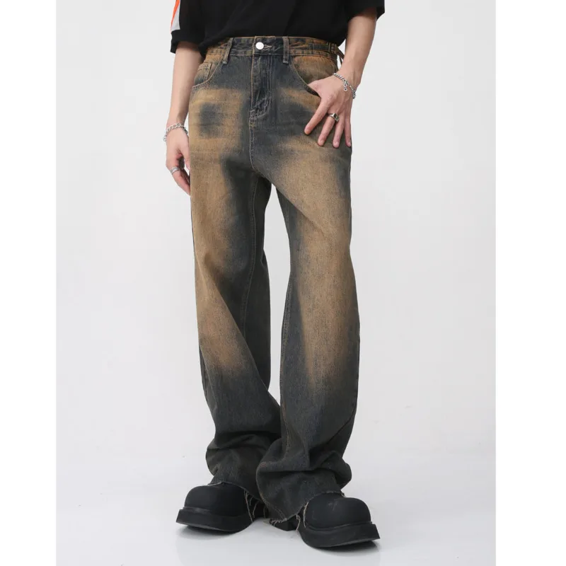 Мужские джинсы с градиентным переходом цвета широкими штанинами