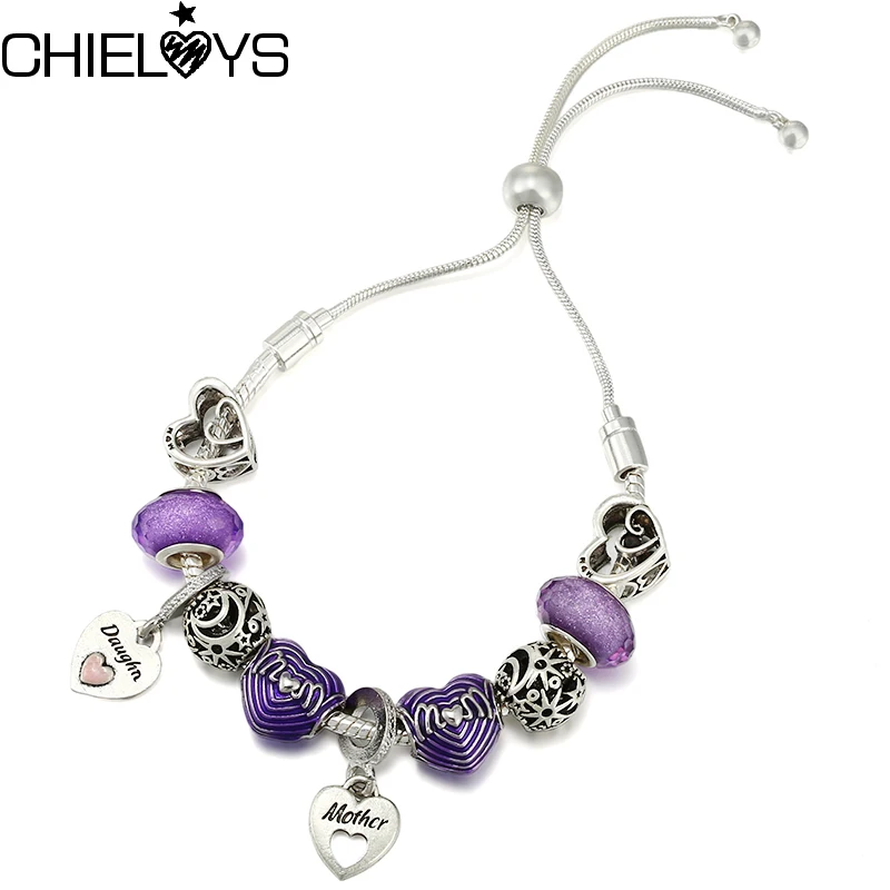 

Purple Heart MOM Beads Chain Bracelet With Mother Daughter Pendant DIY Adjustable Charm Bracelets For Women Jewelry Dropshipping