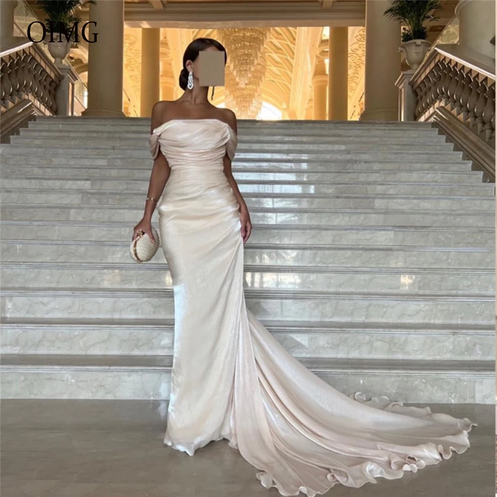 

Light Pearls Pink Silk Mermaid Long Evening Dresses Off The Shoulder Saudi Arabic Women Elegant Formal Party Prom Gowns