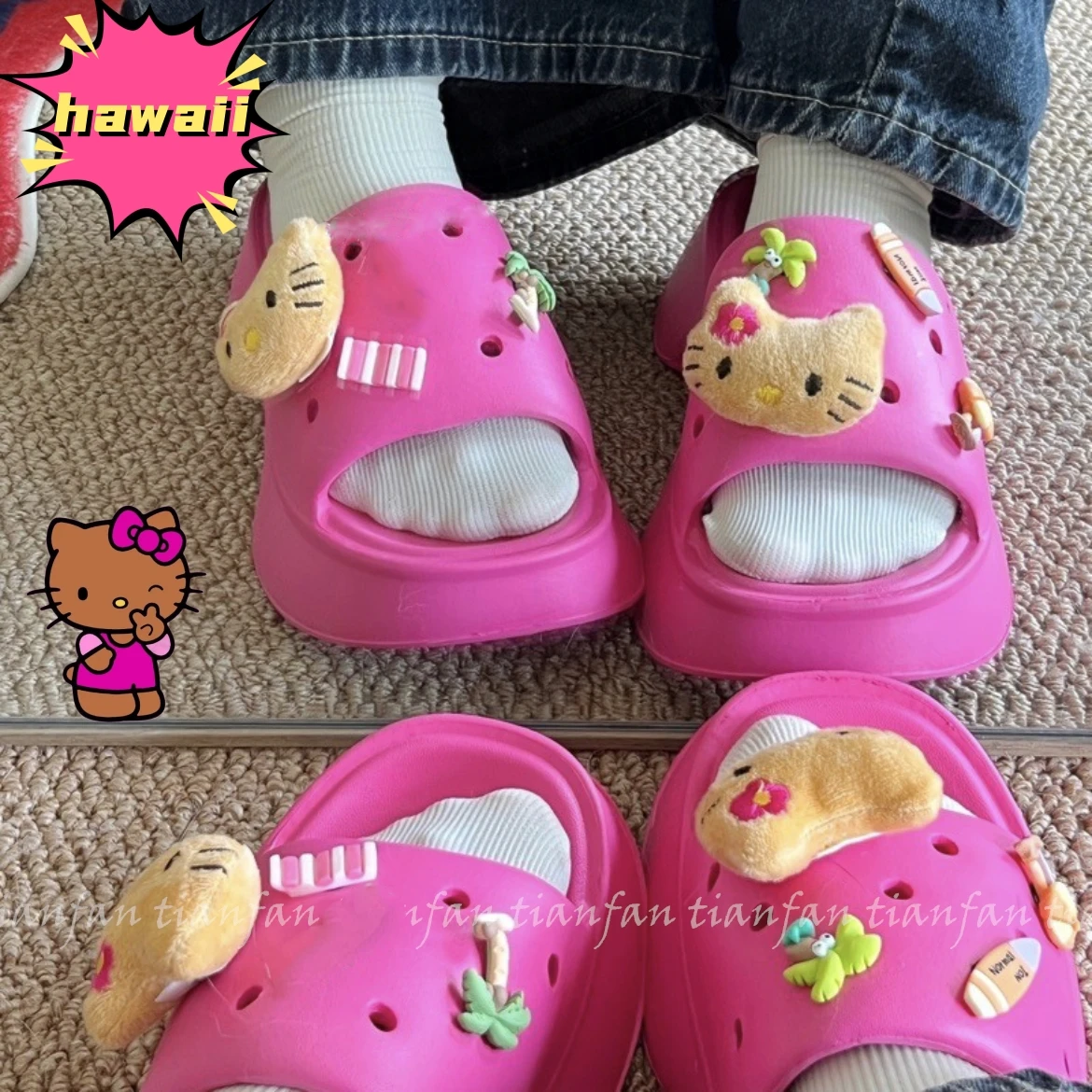 

Новинка, черно-желтые кожаные сандалии Hellokitty из серии Гаваи, летние милые сандалии для девочек, шлепанцы на танкетке, пляжная обувь аниме Y2K