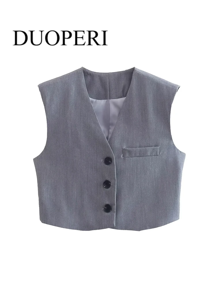 

DUOPERI Women Fashion Sleeveless Gray Waistcoat Vintage V Neck Single Breasted Vest Female Outerwear Chic Tops