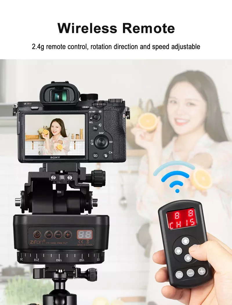 

2023 ZIFON YT-1000 Auto Motorized Rotating Panoramic Head Remote Control Pan Tilt Video Tripod Head Stabilizer for Smartphone Ca