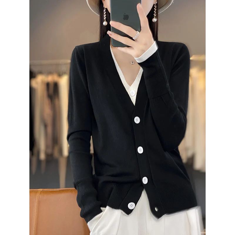 Женский шерстяной кардиган с V-образным вырезом и длинным рукавом