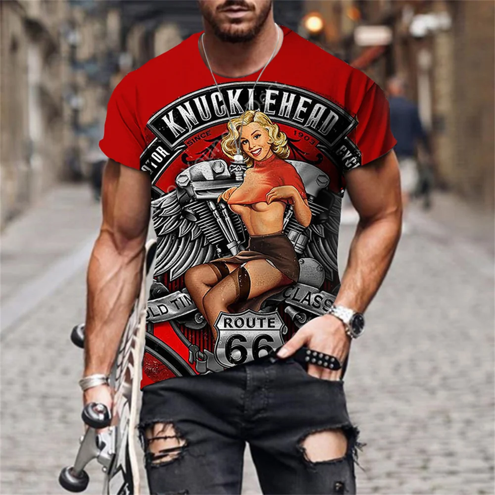 Vintage Motorcycle T Shirt For Men 3D Racing Girl Short Sleeve Tops Street Men's Biker T-shirt Oversized Tee Shirt Man Clothing