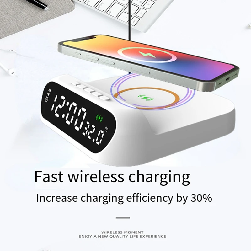 

Wireless Charging Alarm Clock 3-In-1 Wireless Charger Fast 15W Charging Digital Alarm Clock Temperature Durable