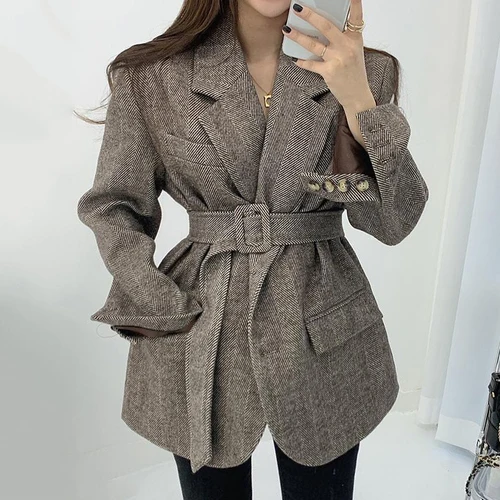 

2022 Women New Korean Version of Chic Temperament Herringbone Pattern Bandage Waist Was Thinner Quilted Thick Suit Woolen Jacket