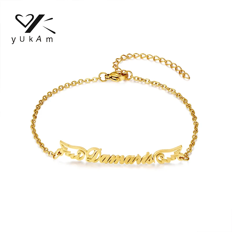 YUKAM Adjustable Women Bracelet Stainless Steel Bangle Personalized Gift Ideas Name Luxury Couple Bracelets Wing Decoration