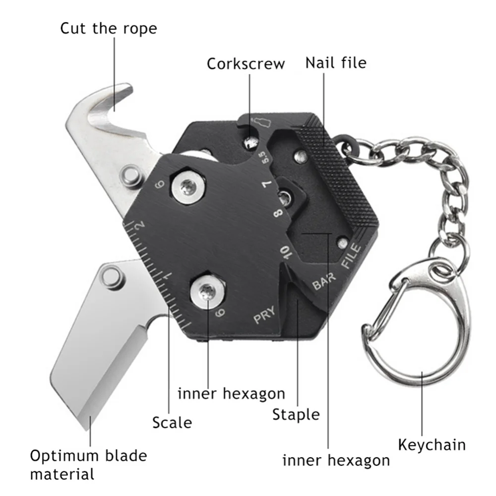 8 in 1 Folding Coin Keychain Durable Stainless Steel Mini Gear Pocket Knifes Openers Keychain for Camping Hunting Pocket Tools