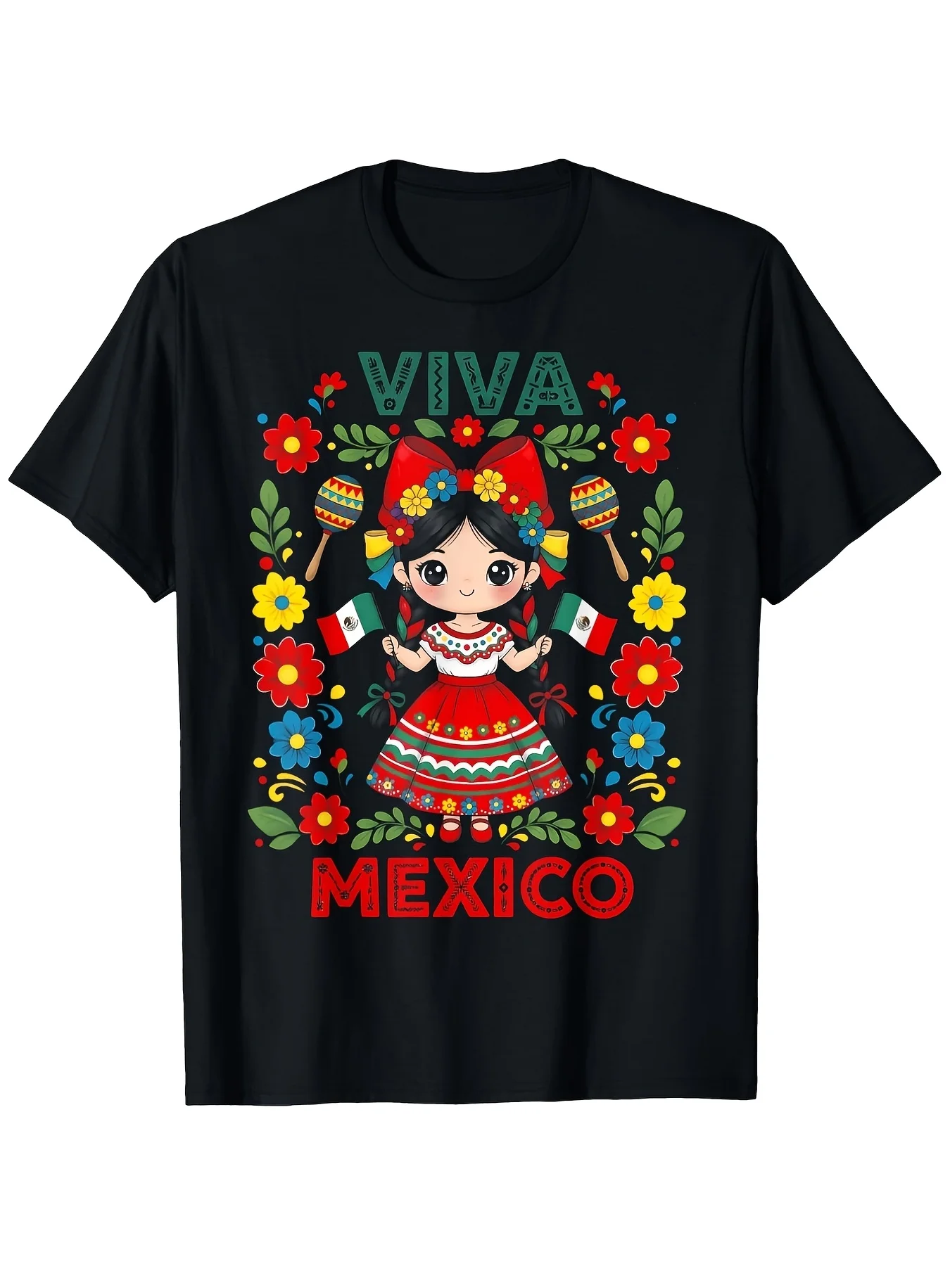 Фото Футболка с цветочным принтом Viva Mexico, с изображением мексиканской девушки и флага, к празднику Синко де Майо, мужская футболка с графическим принтом, забавная футболка, 100% хлопок, размеры S-XXXXL, одинаковый стиль F №1