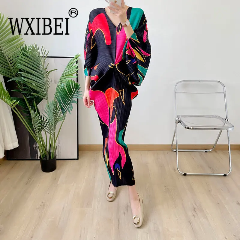 

WXIBEI Elegant Pleated Batwing Sleeve Printed Dress For Women's 2022 Summer New Temperament Loose V-neck Fashion Dresses FC355