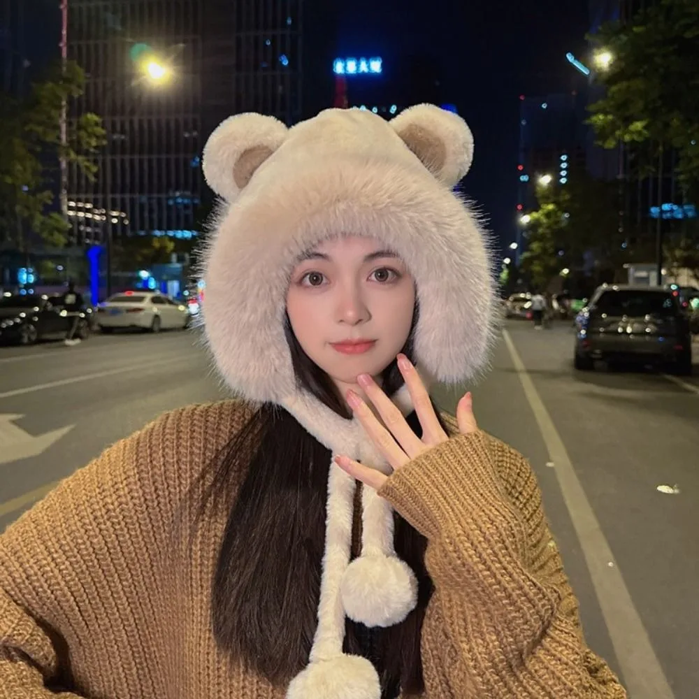 Милая теплая зимняя шапка шерстяная со шнуровкой и медвежьими ушками бархатная