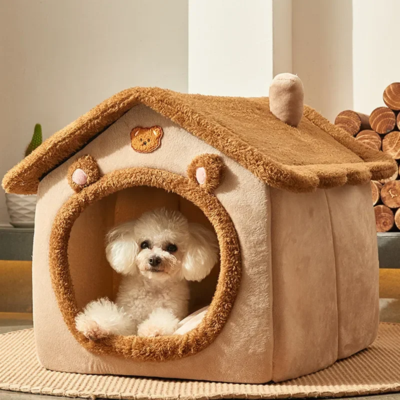 

Складная кровать-домик для собаки, коврик для маленьких и средних собак, кошек, зимняя теплая кровать для кошек, гнездо, товары для домашних животных, корзина для щенков, пещера, диван