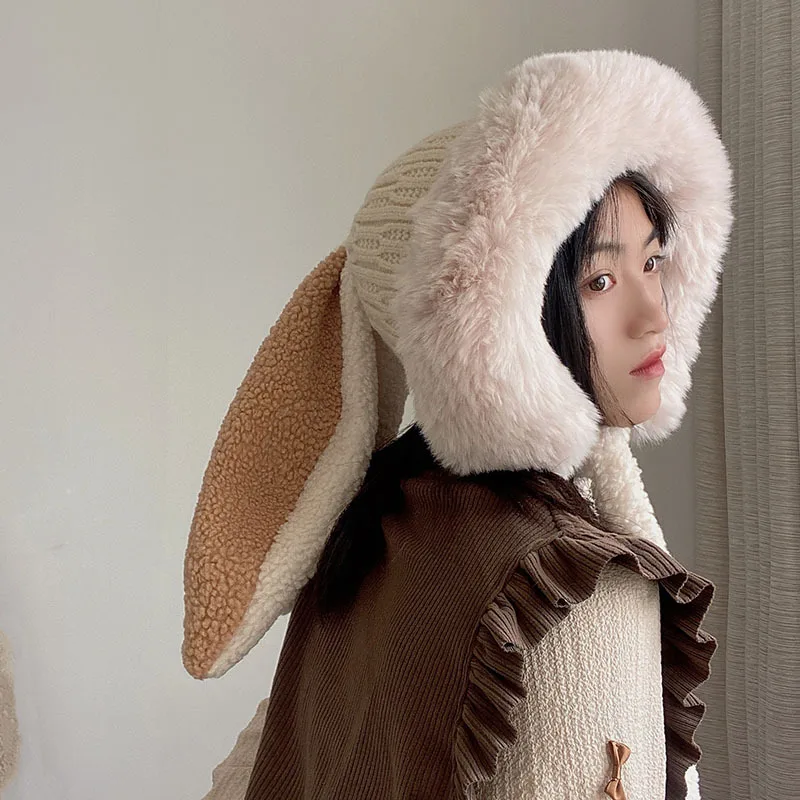Autumn Winter Soft Hat Women Free Shipping Cute Long Rabbit Plush Ears Thick Winter Rabbit Hat Set To Keep Warm Winter Not Cold
