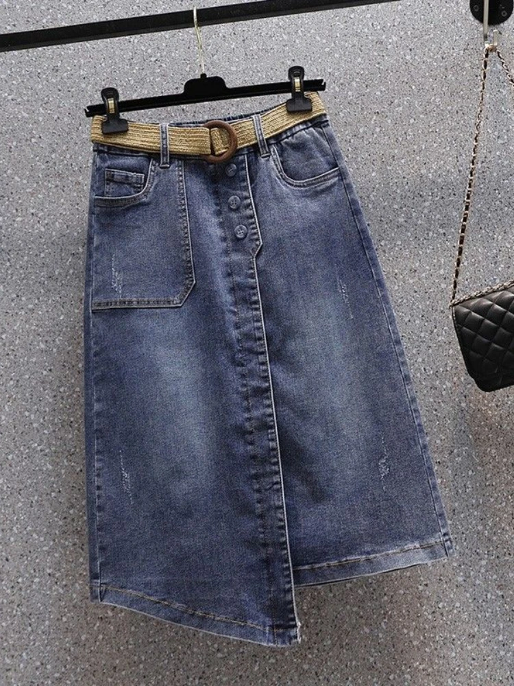 

LY VAREY LIN New Spring Summer Women Fashion High Waist Denim Skirts with Belt Lady Vintage Slim A-line Solid Color Jean Skirt