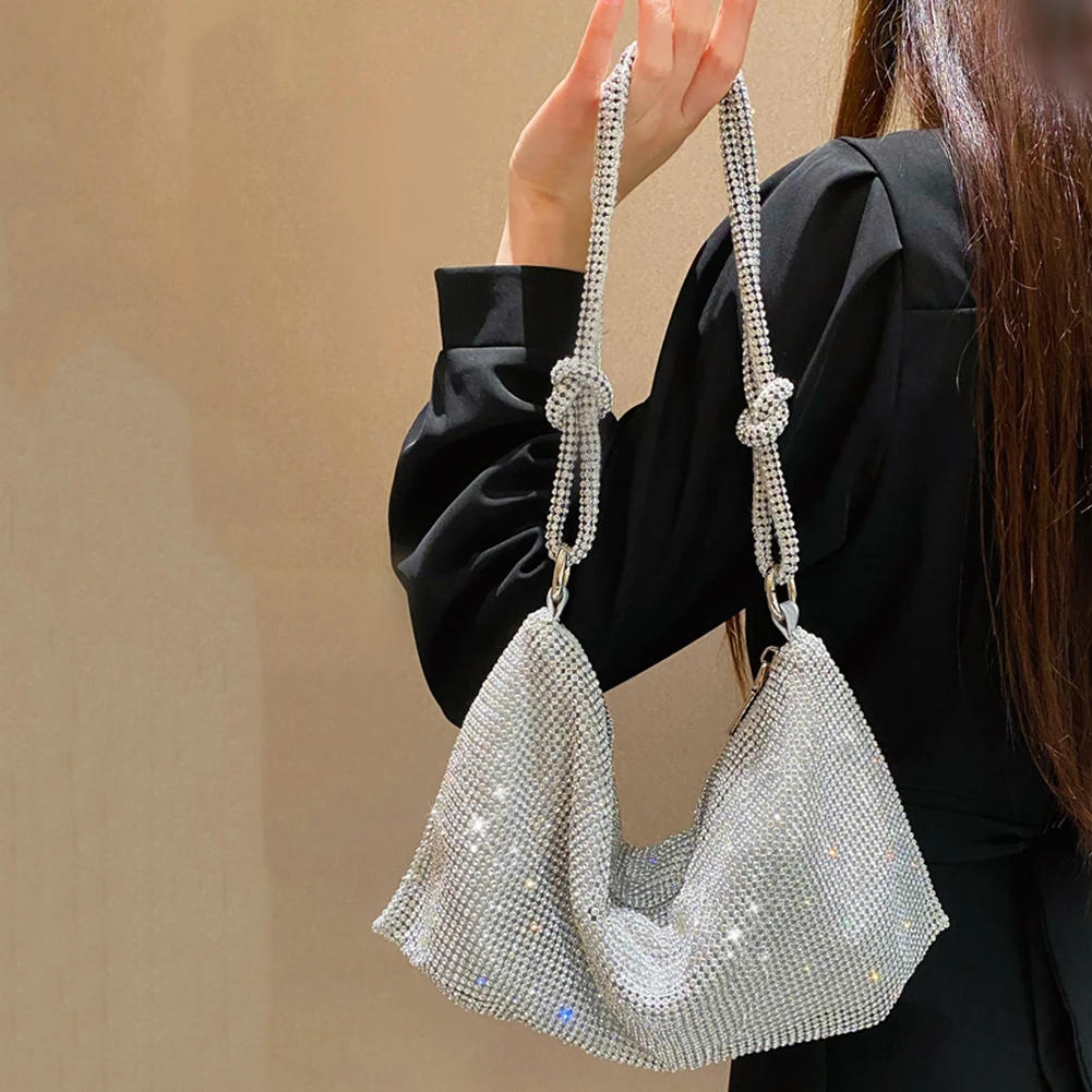 

Handle Rhinestones Evening Clutch Bag silver Shiny Crystal Dinner Party Wedding Purses and Handbag Luxury Designer Shoulder Bag