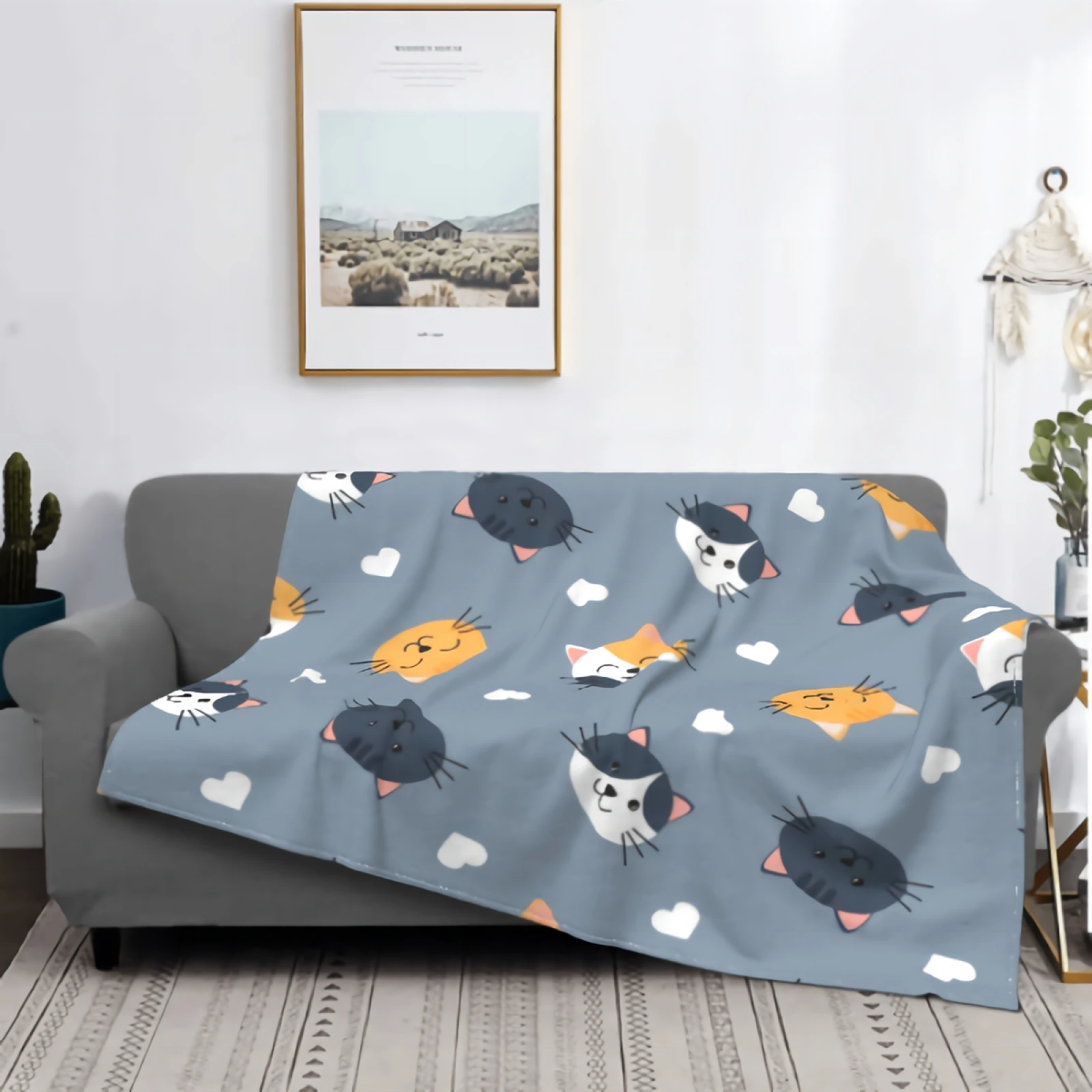 

Cute Cat Faces Pattern With Heart Flannel Fleece Throw Blanket Orange And Black Cat Faces Lightweight Cozy Plush Microfiber Bed