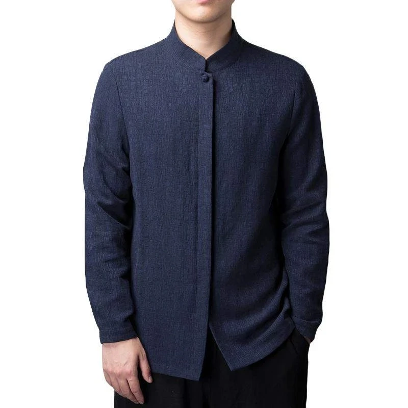 

2022 Men Chinese Style Cotton Linen Long Sleeve Shirts Men Clothing Retro Tang Suit Stand Up Collar Top Plus Size Clothes Male