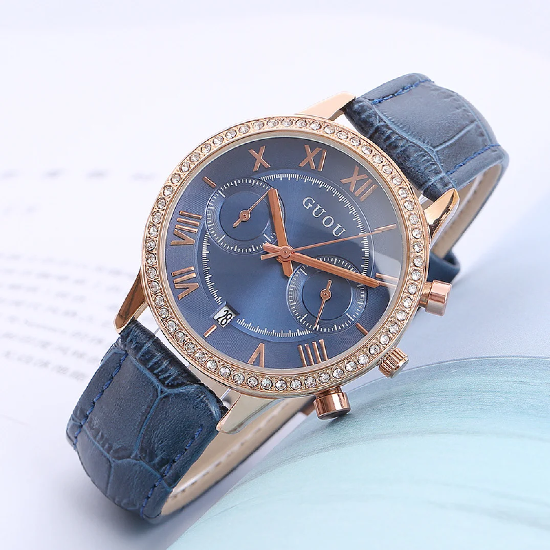 2018 Fashion Guou Top Brand  Feminino Women Watch Luxury Vintage Roman Numeral Ladies Dress Wrist Watches Blue Leather Clock enlarge