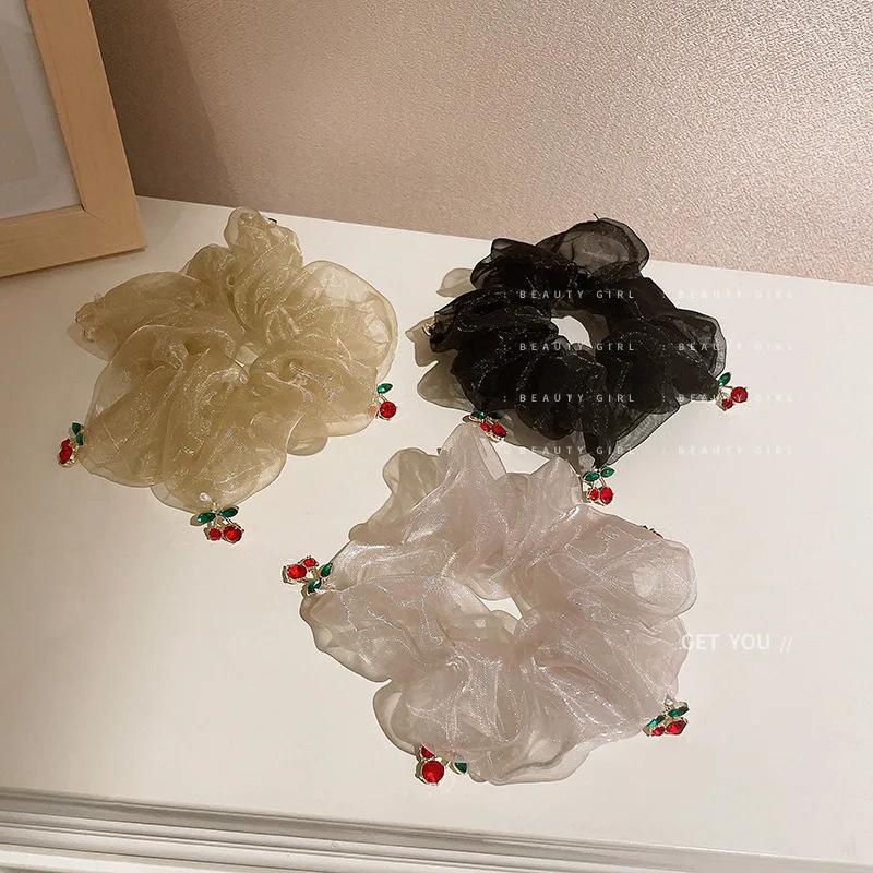 

Diamond Encrusted Cherry Organza Large Intestine Hair Circle Retro Niche Simple Headband Korean Style Versatile Accessories