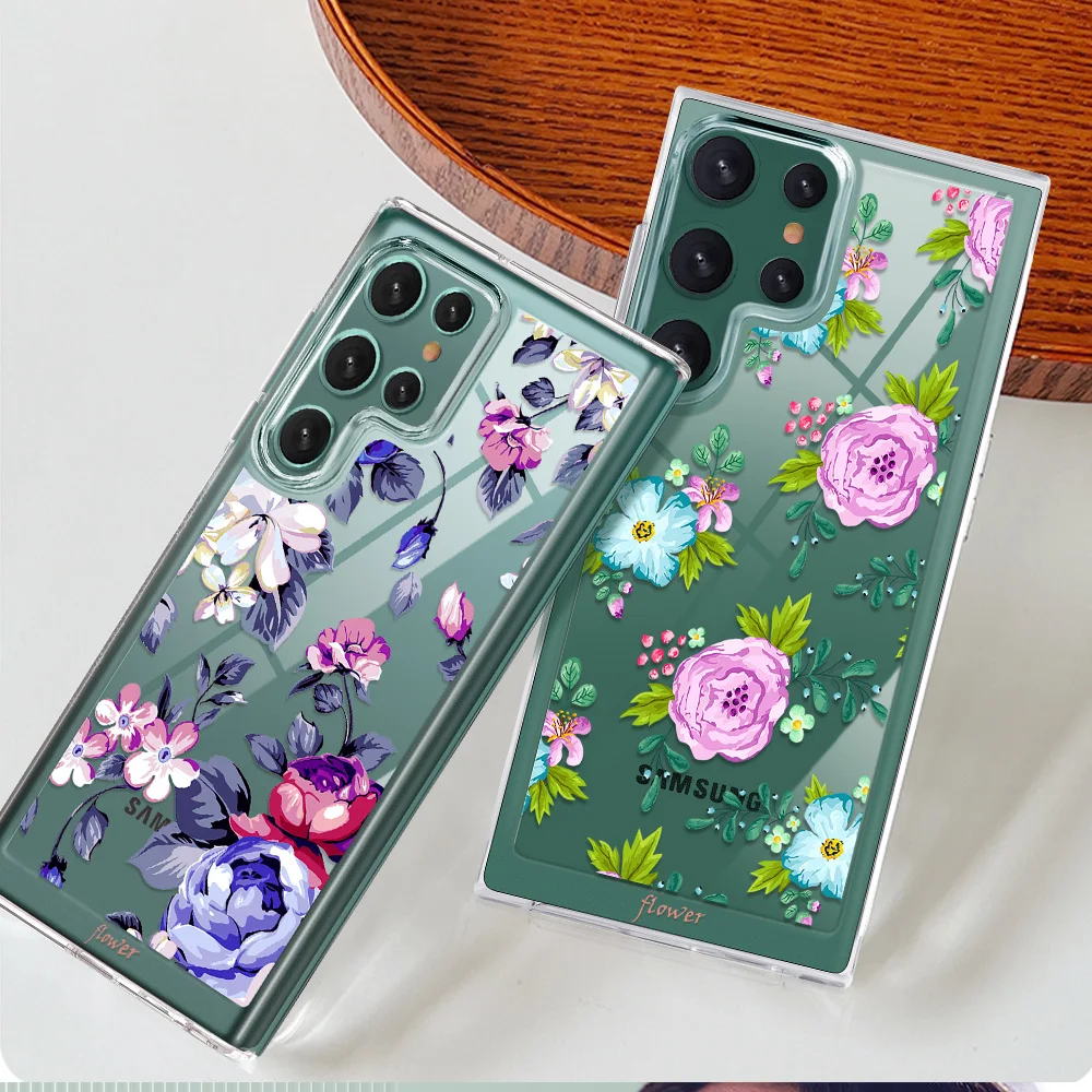 

Rose Flower Protection Shell for SAMSUNG Galaxy S22Ultra S22 S22Plus Coque Transparent PC+TPU Covers Fundas Luxury Phone Case