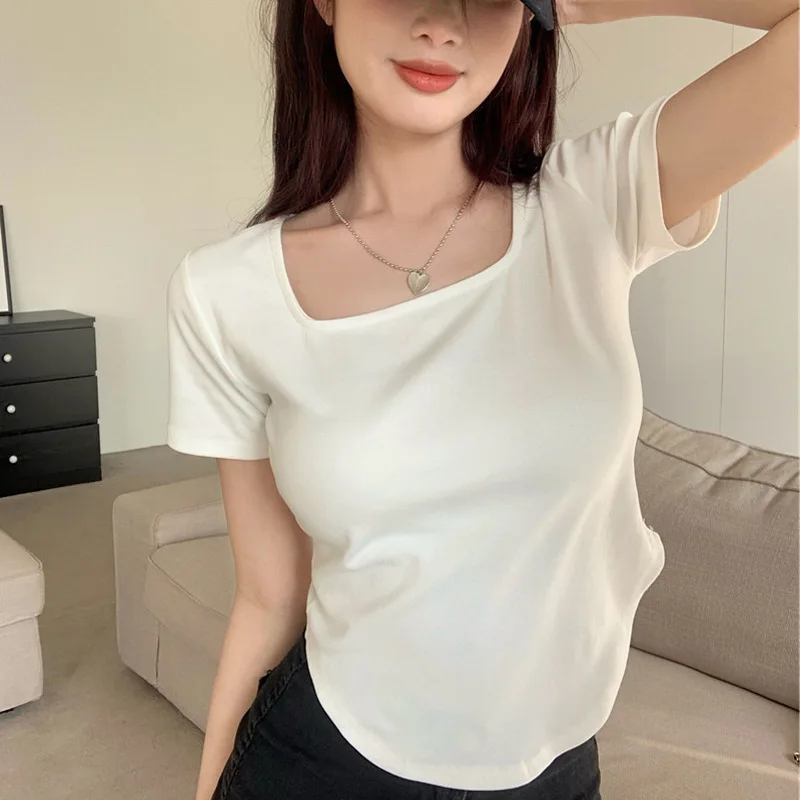 

Woman Casual Short Sleeve T-shirt 2023 Summer Fashion Streetwear Solid Color Tees Square Collar Female White Slim Pullovers Tops