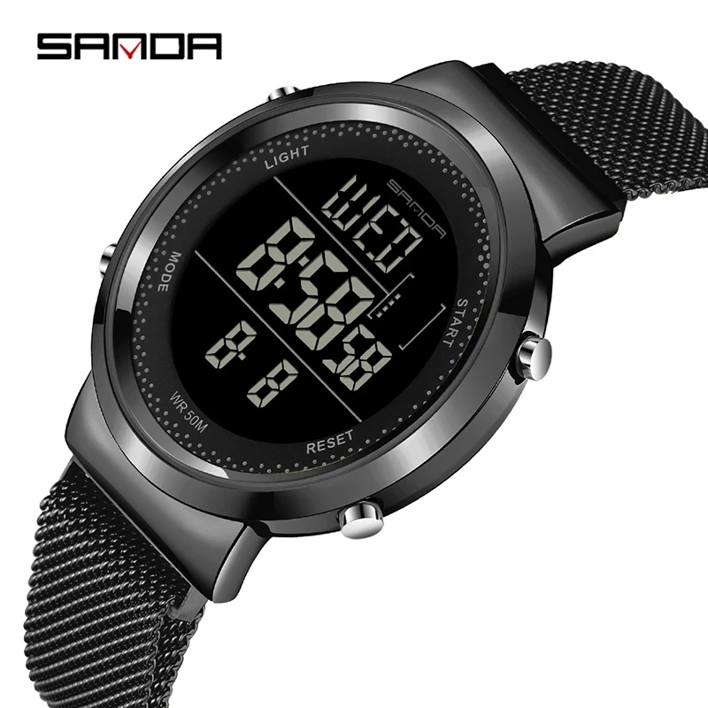 SANDA Charming Multifunctional Digital Watch Steel Mesh Strap Magnet Clasp Electronic Clock Outdoors Business Couple Watch 383