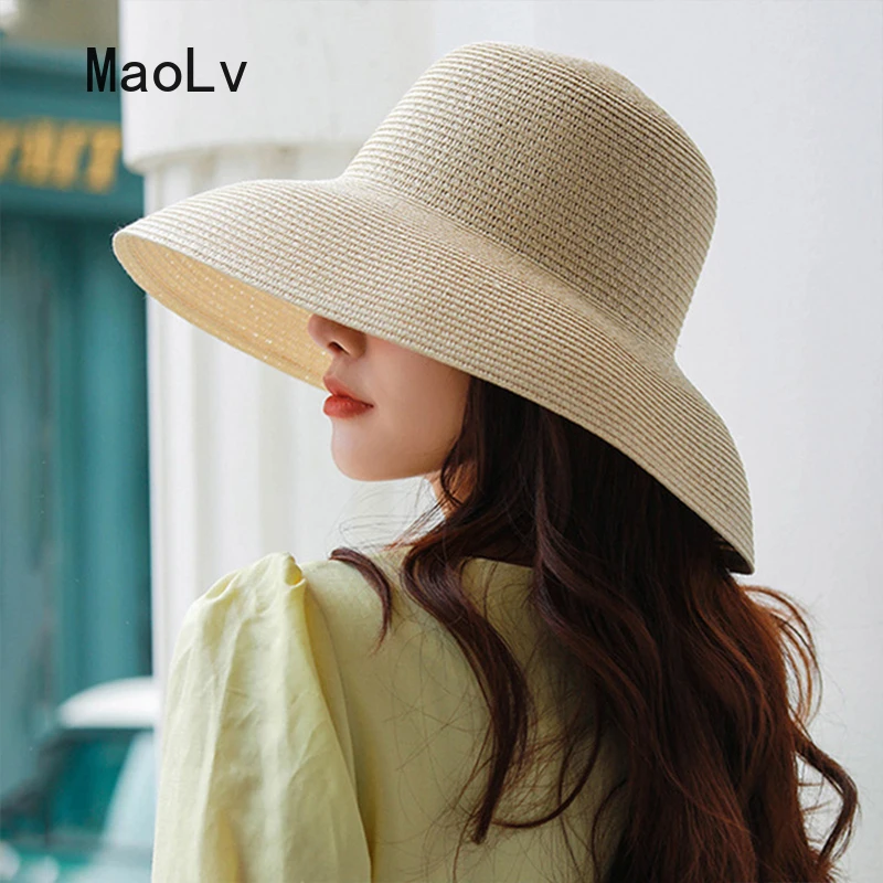 Summer Hepburn Sun Hat Ladies Elegant Large Wide Brim Hat Round Top UV Protection Floppy Straw Beach Hat Panama Gorro Buket Hat