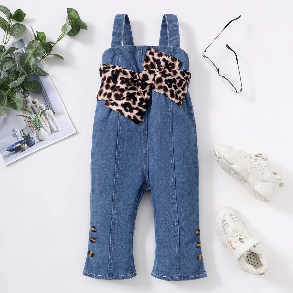 

Baby Girl Clothes Children Fashion Clothing Infant Solid Denim Stitching Leopard Suspender Bodysuit Toddler Summer Jumpsuit