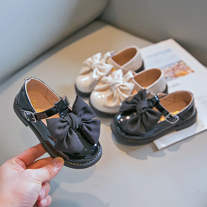 Big Bow-knot Girls Leather Shoes Kids Casual Leather Flats T-strap for Wedding Party Oxfords British Children's Sneakers Sweet