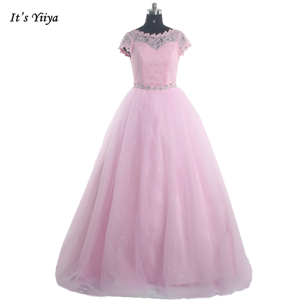 

It's Yiiya Wedding Dresses Pink Beading Lace Short Sleeves Princess Floor-length Plus Size Women Party Bride Ball Gown HS587