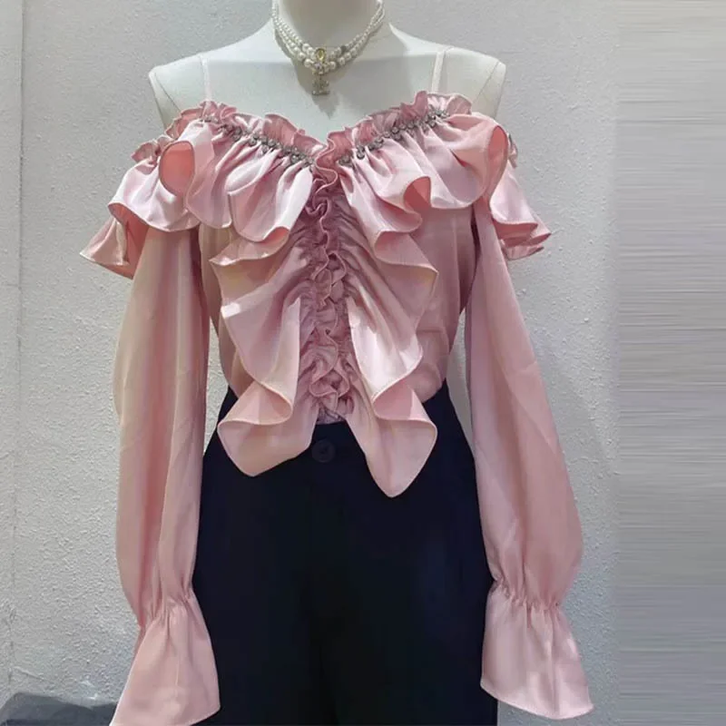 Элегантная французская винтажная майка с открытыми плечами для женщин рюшами по