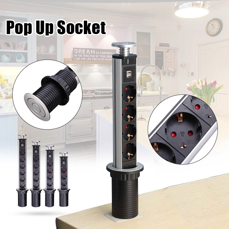 

EU Plug PULL UP 3/4/5/6 Power Socket 2 USB 16A Charging Port Kitchen Table Electrical Desktop Retractable Countertops Worktop