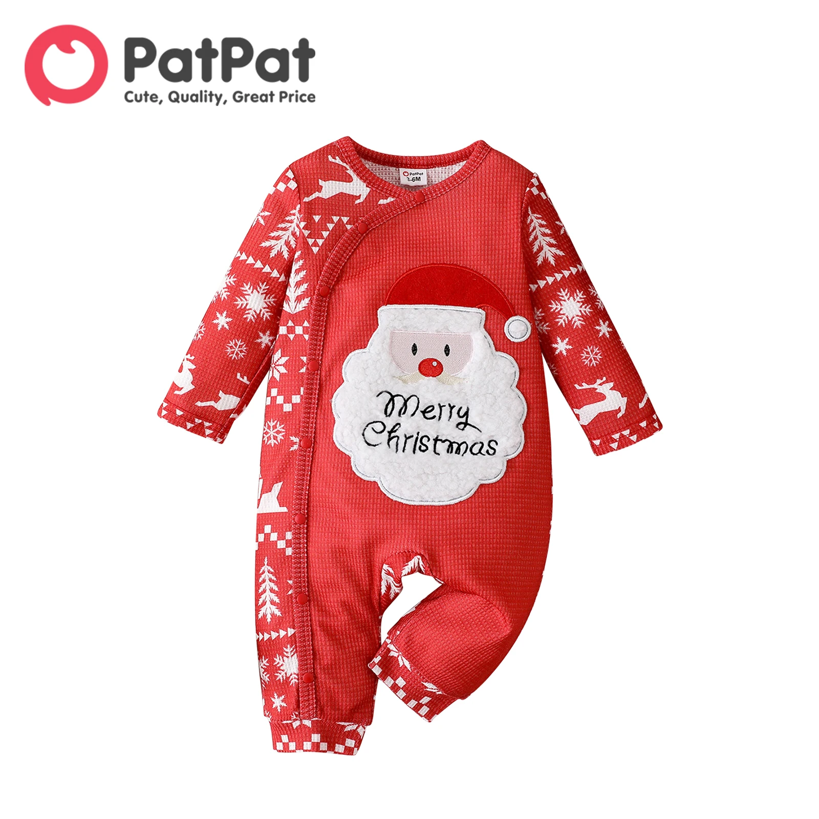 

PatPat Christmas Baby Boy/Girl Santa & Letter Embroidered Spliced Allover Print Long-sleeve Waffle Jumpsuit