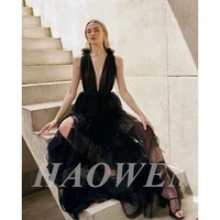 haowen modest black dotted tulle pleat evening dresses v neck long side exposed prom gowns formal pageant dresses for women