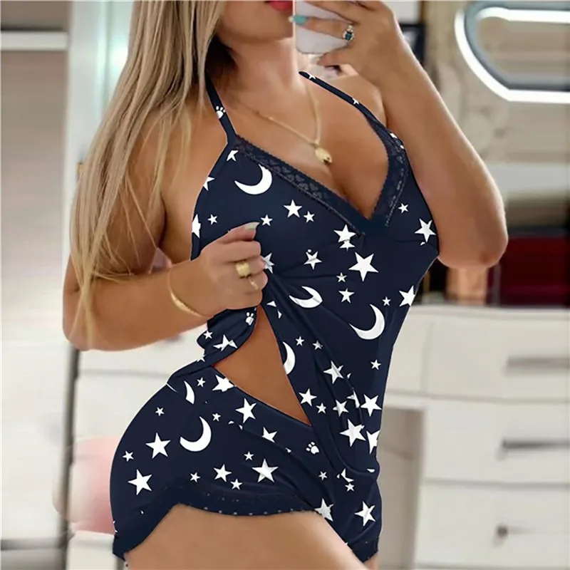 

Womens Sexy Spaghetti Strap Lace Pajama Set Red Lips Print Backless Cami Top And Shorts 2 Piece Set Sleepwear Pijama Suit Pyjama