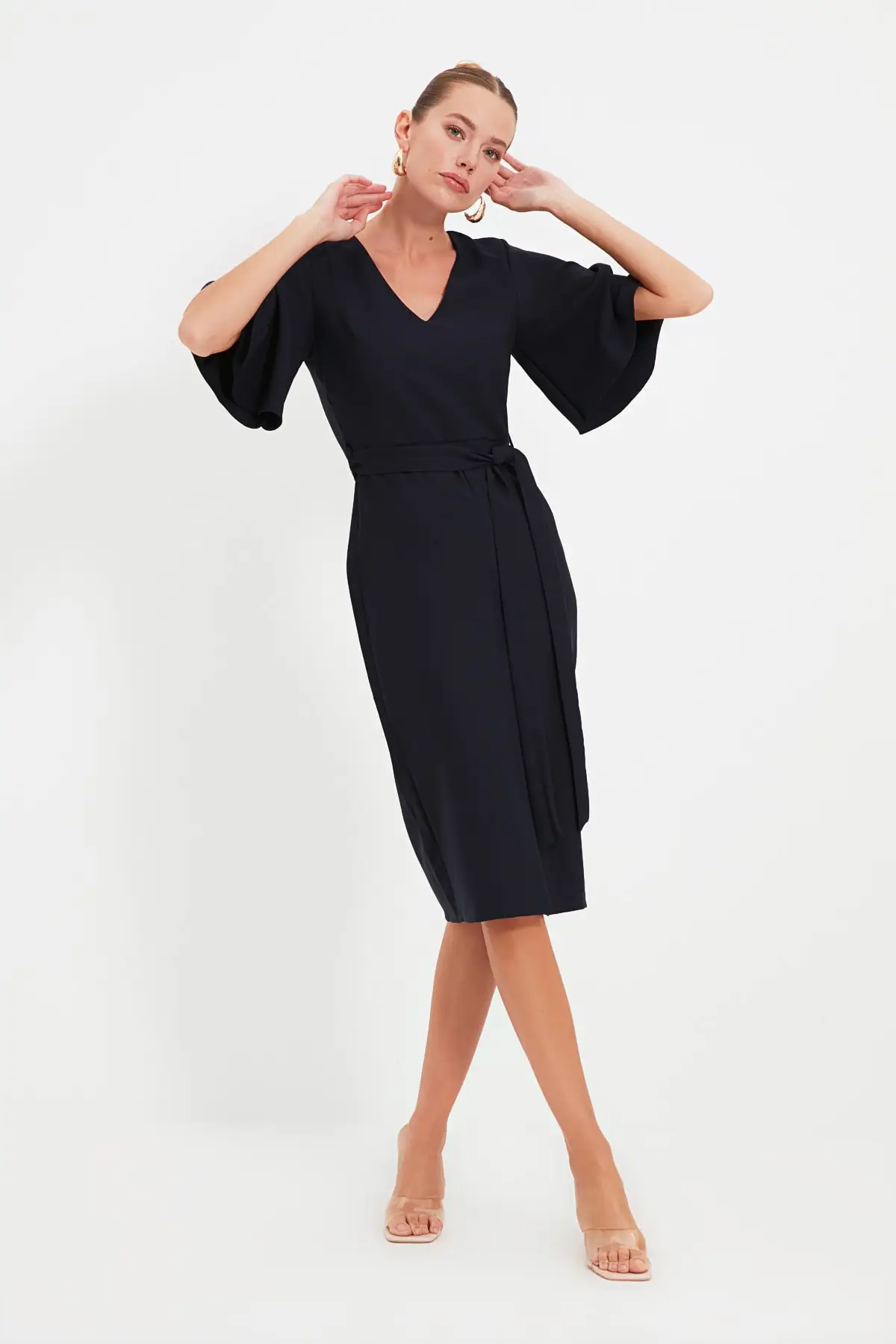 

Темно-синее платье с поясом, стильное модное платье для повседневного использования или пригласительного стиля, рождественский подарок