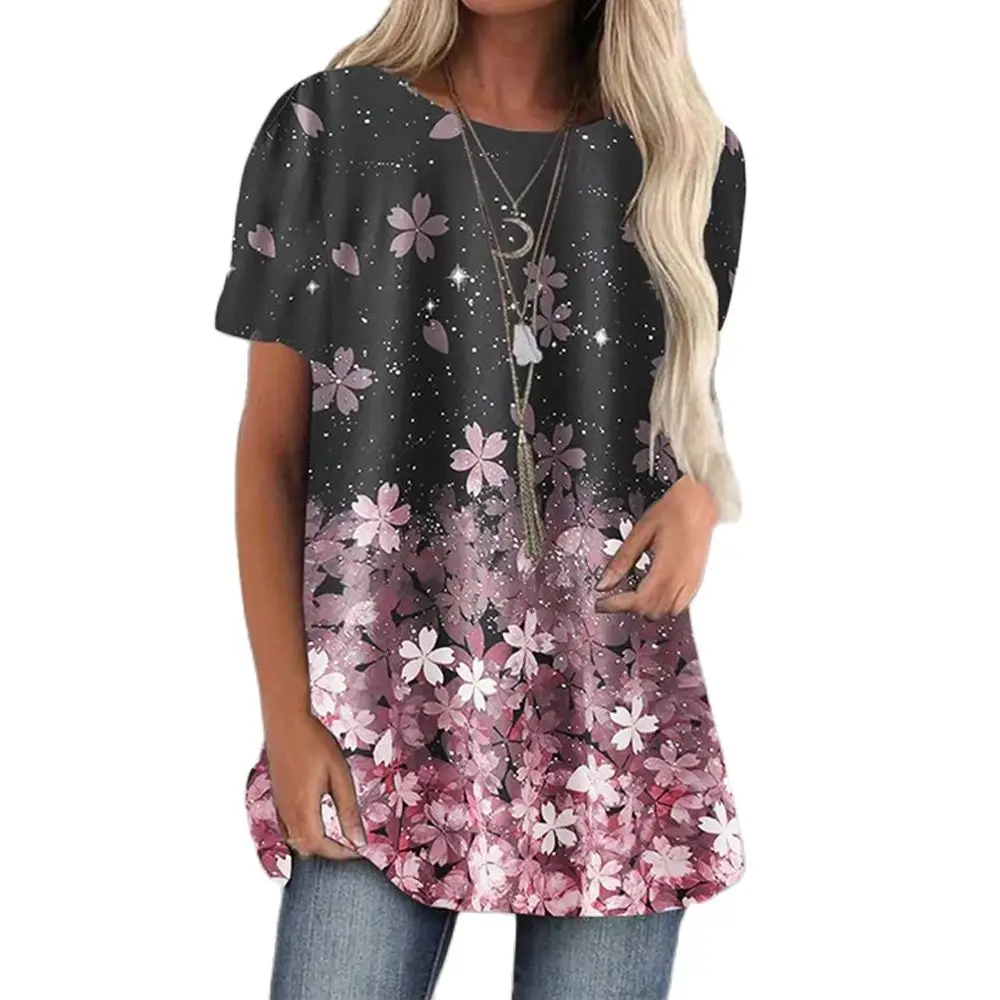 

Women Elegant T-shirt Bohemian Flower Print Shirt Women's Round Neck Top Pullovers 2022 Summer Casual Tees shirt Oversize Femme