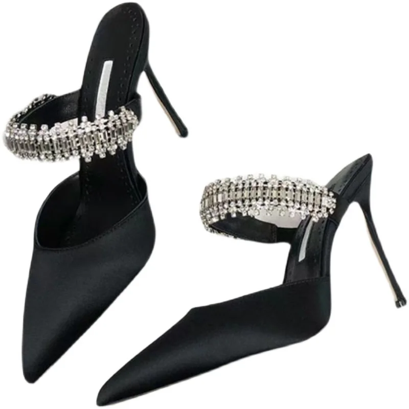 2022 European and American new women's mules, pointed toe high heels diamond decorated party shoes