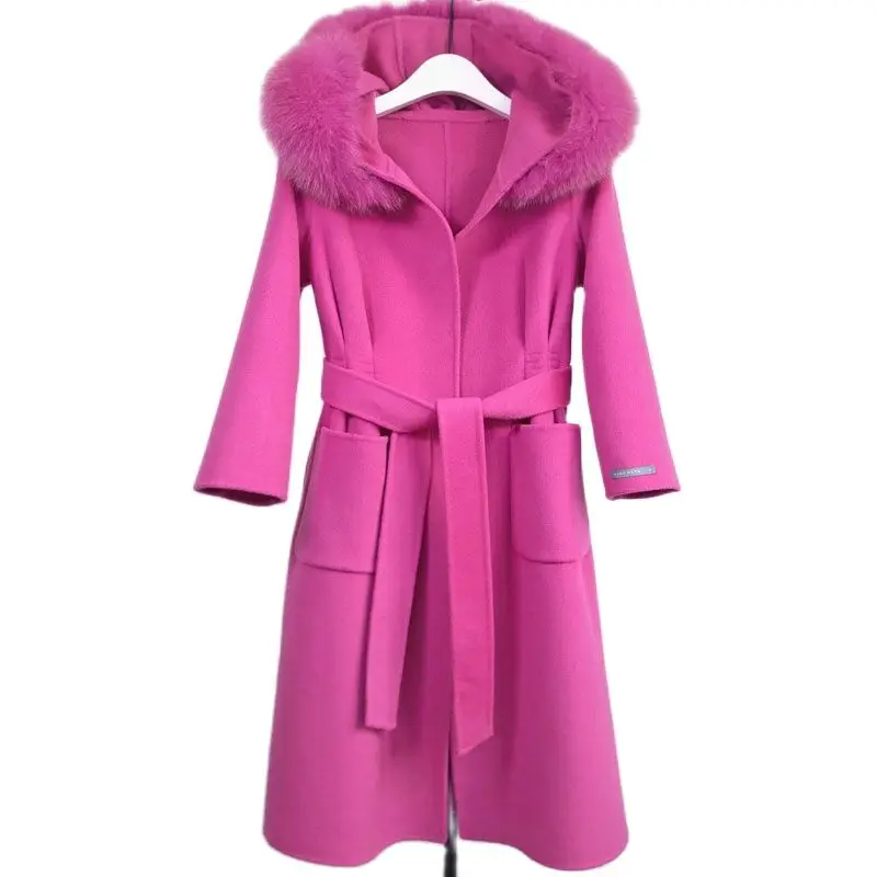 

Real Fox Fur Collar Women Long Wool blended Coat Long Sleeve With Fox Fur Hood Fashion Slim Female Winter Cashmere ng Loose Coat