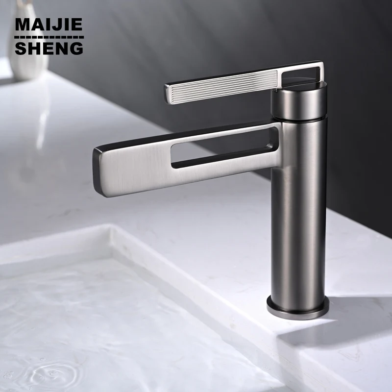 

Смеситель для раковины, Премиум серый кран для горячей и холодной воды, с носиком «Водопад», крепление на раковину, одна ручка, латунный литой кран