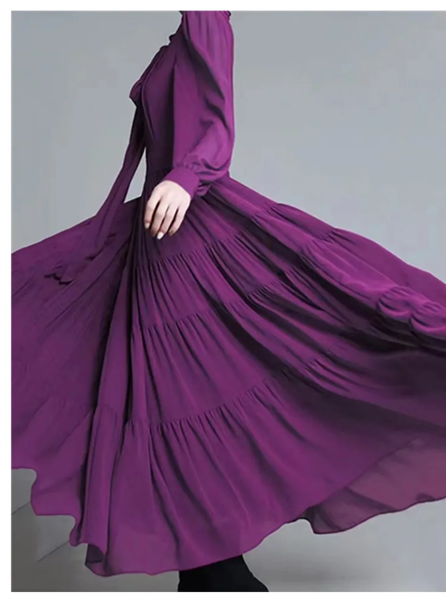 Elegant and Elegant Lace up Collar Large Swing Long Dress Social Celebrity Party Dress Gorgeous Autumn Full Sleeve Prom Dress