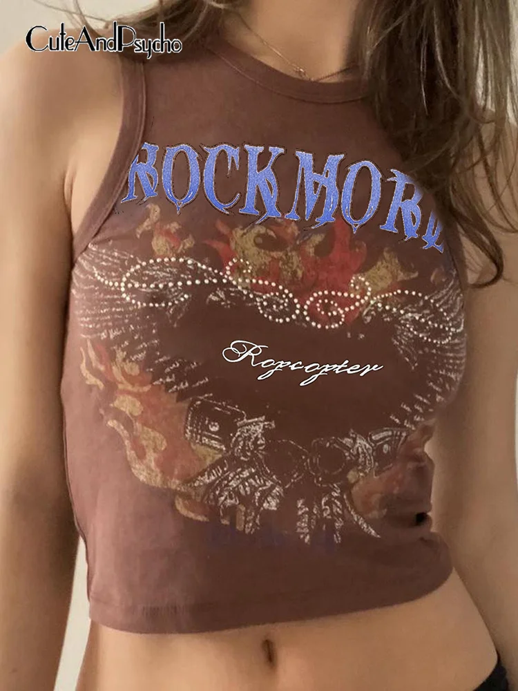 

Cuteandpsycho Letter Print Vintage Fairycore Grunge Tanks Tops Retro Y2K Slim Off Shoulder Crorpped Tee Aesthetic 90s Cute Shirt