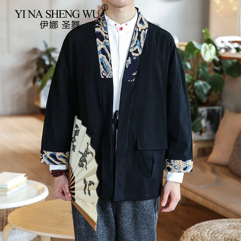 

Black Taoist Robe Men's Fashion Chinese Style Printed Coat Large Retro Tang Clothes Hanfu Japanese Cardigan Kimono Seven Sleeve