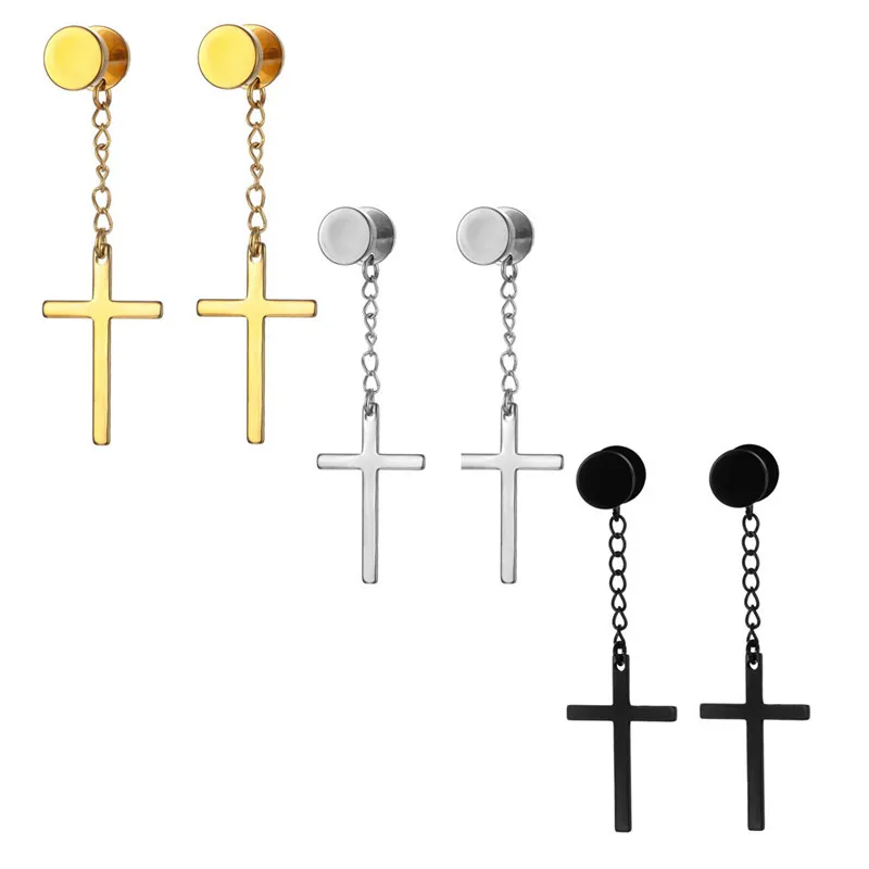 

Black Cross Chain Titanium Stainless Steel Earrings For Men Women Gothic Street Pop Hip Hop Ear Jewelry Statement