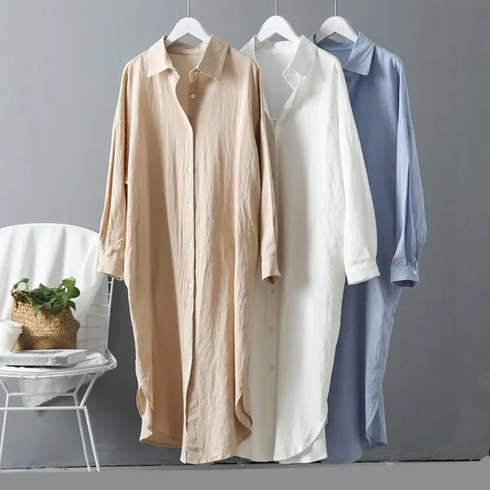 

Turn-Down Collar Long Sleeve Midi Dresses Linen Cotton Single Breasted Long Shirt Dress Summer Thin Sunscreen Beach Dress