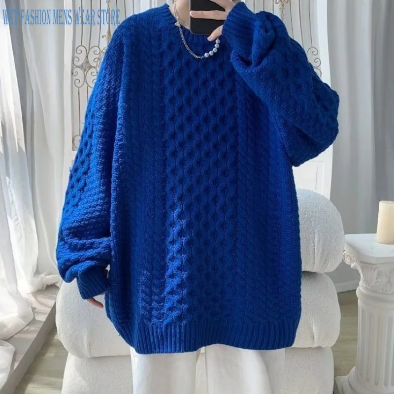 Autumn Winter Thickening Cable-Knit Sweater Men's Clothing Round Neck Klein Blue Loose Sweaters Casual Coat Pullover Polyester