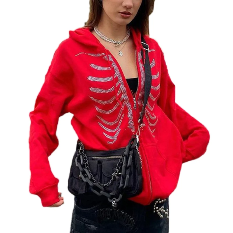 

Women Goth Punk Zip Up Hoodies Jacket Rhinestone Breastbone Print Long Sleeve Sweatshirt Coat Harajuku Oversized Loose Top with